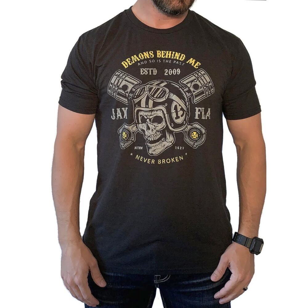 M 1143)Demons Behind Me 'Helmet & Pistons Premium Graphic Tee Large Port Company